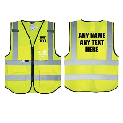 Image de Texte personnalisé Jaune Salzmann 3M. Gilet de Sécurité Haute visibilité Multi Poches pour Téléphone, Carte d’identité Hi Vis 3M Ruban Réfléchissant