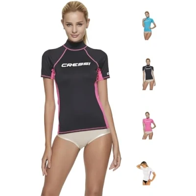 Image de Cressi Sub S.p.A. Rash Guard Lady Haute de combinaison en tissu très élastique spéciale, Manches Longues et Courtes, Protection Solaire UV (UPF) 50+ Noir/Rose L/4 (42)