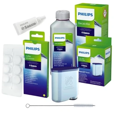 Image de Philips AquaClean Kit d&#039;entretien complet pour machines à café : filtre eau CA6903, détartrant 250 ml, graisse lubrifiante HD5061, dégraissant CA6704/10 (6 comprimés), brosse de nettoyage