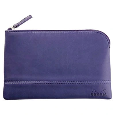 Image de RHODIA 116537C Pochette Zippée en Simili Cuir Bleu Nuit Taille S (11 x 17 cm) Coutures Véritables Intérieur Tissu Orange Rangement Documents, Petites Fournitures
