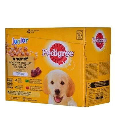 Image de Pedigree Sélection mixte en gelée 4 variétés avec poulet, bœuf+foie, volaille, agneau+foie 12x100g