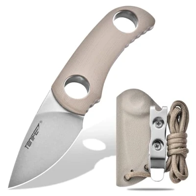 Image de TONIFE Runer Couteau de cou fixe avec fourreau et lanière,4,7cm lame Full Tang Edc pour l&#039;extérieur (sable chaud + stonewash)