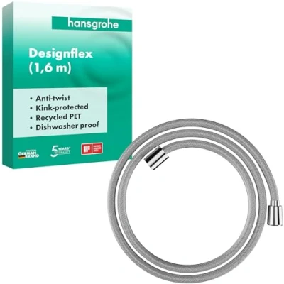 Image de hansgrohe Designflex Flexible de douche textile universel 1,60 m, tuyau avec protection anti pliure et écrou tournant torsion, joints d&#039;étanchéité, Chromé