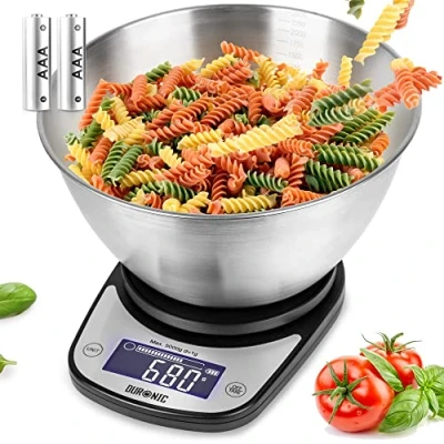 Image de Duronic KS5000 BKSS Balance de Cuisine d&#039;une capacité 5 kg Précision à 1 g Bol en inox 2.5 L inclus Large écran LCD Fonction d&#039;ajout poids TARE Idéale pour la pâtisserie