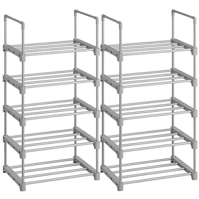 Image de SONGMICS Étagères à Chaussures 5 Niveaux, Lot de 2, Porte en métal, empilable, Peu encombrant, Rangement Chaussures, Multifonctionnel, pour entrée, Chambre, Salon, Gris LSA055G02