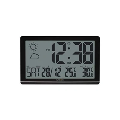 Image de Explore Scientific RDC8001 Horloge Murale Jumbo Radio Contrôlée, Affiche la température intérieure/extérieure, 1 capteur Inclus, Prévisions météo icônes, Noir