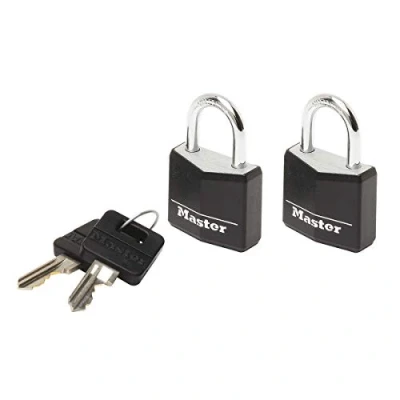 Image de Master Lock 9120EURTBLK Lot de 2 Cadenas à Clé en Aluminium Massif recouvert Vinyle, noir, x 3,4 1,4 cm