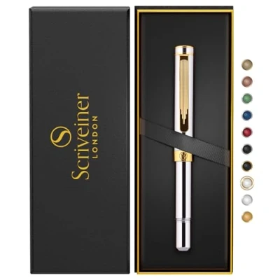 Image de Scriveiner Roller Argent Chromé EDC Stylo de luxe, poche lourd avec finition or 24 carats, d&#039;écriture agréable, Cadeau homme et femme, Recharge Schmidt, Ensemble stylos bureau