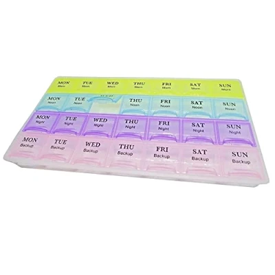 Image de KAV Pilulier hebdomadaire 7 jours 28 compartiments avec étiquettes à code couleur Distributeur de comprimés pour compléments, vitamines, capsules