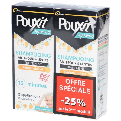 Image de POUXIT Shampooing anti poux et lentes Agit en 2 applications de 15 minutes (1) Traitement du cuir chevelu Parfum abricot Lot Flacon 2x200 ml
