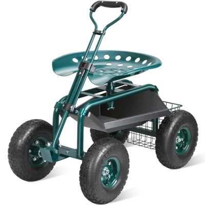 Image de VEVOR Siège de Jardin Roulant Pivotant à 360 Tabouret Jardinage sur Roues Gonflables 25,4 cm Chariot avec 760x450x960 mm Poignée Extensible Plateau Outils pour Terrasse Cour Extérieur Vert
