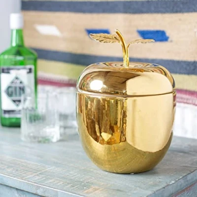 Image de Talking Tables Seau à glace pomme dorée avec couvercle Accessoires de chariot boissons qualité supérieure pour décoration bar table Porte bouteille vin élégant en acier inoxydable