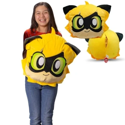 Image de Miraculous Ladybug, Huggie Hideaway, Cat Noir Chat Noir, Oreiller en Peluche 40 cm, Extra Douce pour Enfants avec Une Grande Poche secrète à Fermeture éclair l&#039;arrière (Wyncor)