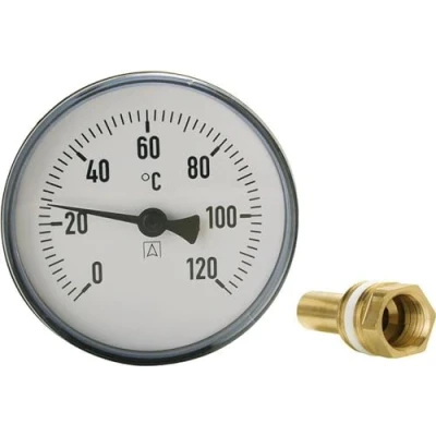 Image de Thermometre a aiguilles bimetal 0 120C diam 100 mm, avec doigt de gant mm