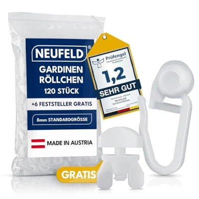 Image de NEUFELD® Lot de 120 roulettes rideau, pour rails rail intérieur (avec 6 bloqueurs), résistants au lavage, taille standard 8 mm, (120)