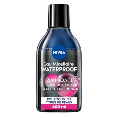 Image de NIVEA Eau Micellaire WATERPROOF tous types de peaux (1 x 400 ml), nettoyant visage &amp; yeux sensibles, démaquillant biphase enrichi en extrait Thé Noir