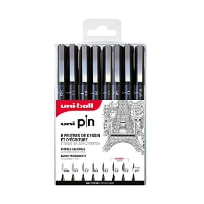 Image de Mitsubishi Pencil 8 Feutres d’Écriture et de Dessin Uni Pin Pochette Pointes Calibrées Ultra Fines à Larges Brush Pour Écrire, Dessiner, Tracer, Encrer Encre Noire
