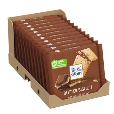 Image de RITTER SPORT Biscuit au beurre 100 g, Chocolat lait entier avec un nappé de crème cacao A emporter partout Boite 11 tablettes