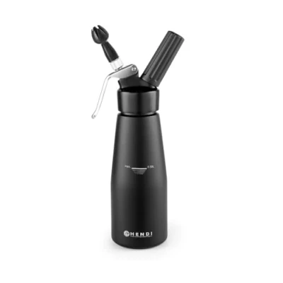 Image de HENDI siphon à chantilly, avec 3 douilles en polypropylène ainsi que 1 brosse de nettoyage, pour mousses, desserts et sauces, crème, 500ml, ø80x(H)260mm, aluminium, noir
