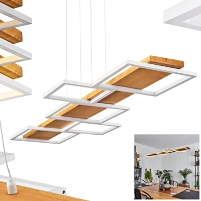Image de Suspension LED Pompu, lampe à intensité variable en métal/bois/plastique naturel/blanc, luminaire variable, 42 watts, 3000 K, 5700 lumens