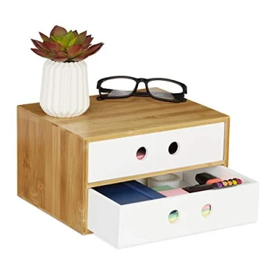 Image de Relaxdays Organiseur de Bureau, 2 tiroirs, Bambou &amp; MDF, boîte Rangement, Ordre, HLP 14 x 25 20 cm, Blanc
