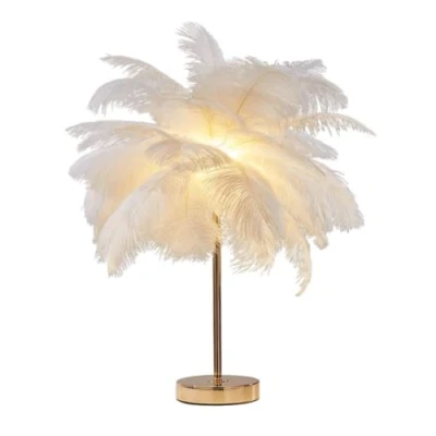 Image de Créatif Blanc Plume D&#039;autruche Lampe De Table Chevet Lumière Luxe Et Élégant Abat Jour Veilleuse Éclairage Pour Salon Chambre Décoration La Maison, Plug In