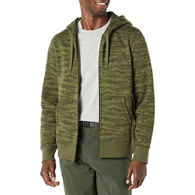 Image de Amazon Essentials Sweat à Capuche en Polaire avec Fermeture Éclair intégrale (Grandes Tailles Disponibles) Homme, Vert Camouflage Abstrait, L
