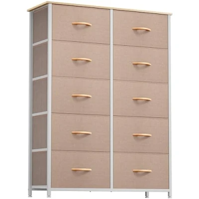 Image de YITAHOME Commode pour Chambre à Coucher avec 10 tiroirs, Meuble de Rangement, Coucher, Salon, Cadre en Acier Robuste, Planche Bois, tiroirs Tissu (Kaki)