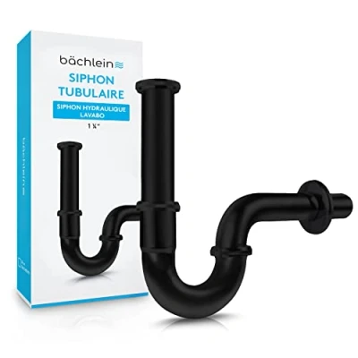 Image de Bächlein Siphon Universel pour Lavabo et Évier (Extra Long) Bonde de Tubulaire Adaptable Anti Odeur avec Orifice Nettoyage + Mode d’Emploi Mat Noir