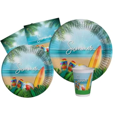 Image de Ciao Kit Table Fête Summer Party 24 personnes (112 pcs: assiettes, gobelets, serviettes) en papier compostable Vaisselle, AZ147, Multicolor