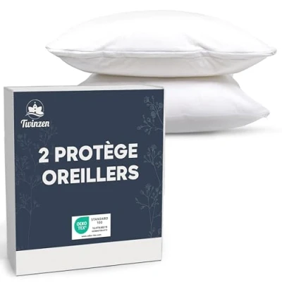 Image de Protege Oreiller 40x80 Lot de 2 Housse Impermeable avec Fermeture Zip Certifié Oeko Tex Technologie Twinzen Protège cm Blanc