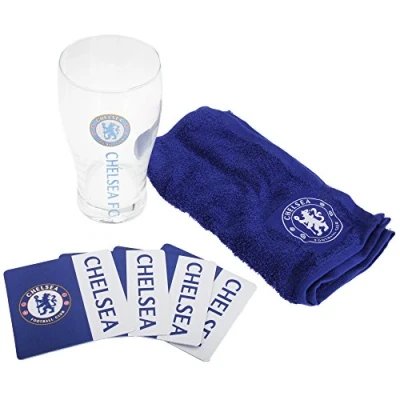 Image de Chelsea FC Ensemble Verre à bière, Serviette en éponge et sous Verres (Taille Unique) (Bleu/Blanc)