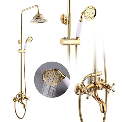 Image de Ensemble de douche antique Système à effet pluie Douchette main Rétro nostalgie Moderne Robinet Mitigeur salle bain Avec pommeau rond Doré