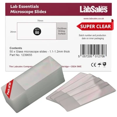 Image de Labsales Academy Lot de 50 lames microscope laboratoire en verre transparent avec surface d&#039;écriture givrée pour laboratoires, enseignement chimique et tous les travaux microscopie 76 mm x 26