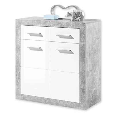 Image de Stella Trading STONE Commode avec tiroirs en aspect béton, blanc brillant moderne beaucoup d&#039;espace de rangement pour votre salon 152 x 88 37 cm (L/H/P)