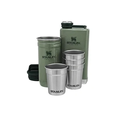Image de Stanley Adventure Pre Party shot Glass + Flask Set Hammertone Green Sans BPA Flasque en acier Inoxydable Verres à Coffret cadeau Passe au lave vaisselle