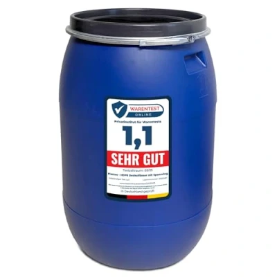 Image de plasteo® Fût à col large de 220 litres avec couvercle et anneau serrage, convient un usage alimentaire sans BPA, tonneau en plastique, couvercle, récupérateur choucroute, empilable