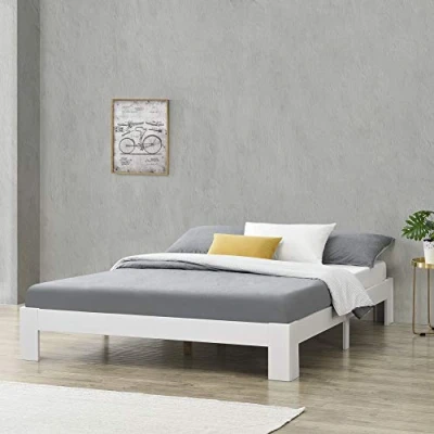 Image de Cadre de Lit Solide Design à Sommier Lattes Simple Stylé en Pin et Bois Stratifié Capacité Charge 150 kg 120 x 200 cm Blanc