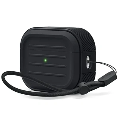 Image de elago Coque Armor Compatible avec AirPods Pro 2, Étui 2ème Génération, Lanière Incluse, Supporte Le Chargement sans Fil, Résistant aux Chocs, Protection Complète (Noir)