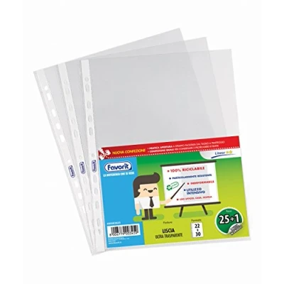 Image de Favorit Buste Perforate, Lucide, Medio Spessore, 22 x 30 cm, 25 Pezzi +1 Omaggio, Trasparenti