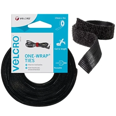 Image de Velcro Marque One Wrap Attaches Réutilisables, Multi Usage, Parfaites Pour Ranger Les Accessoires De Bureau, Câbles Et Aménager La Maison, Noir 10 Mm X 5 M