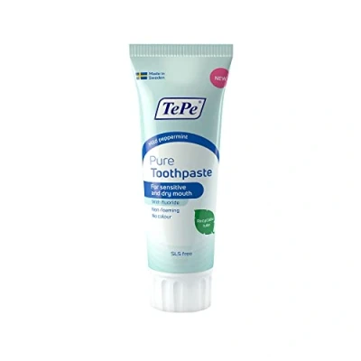 Image de TePe Pure, dentifrice, menthe douce, dentifrice quotidien au fluor très doux pour les gencives sensibles et la bouche sèche, niveau de approprié à l&#039;âge.