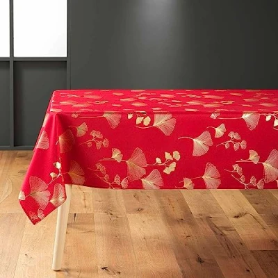 Image de douceur d&#039;intérieur, Nappe Rectangle (150 x 300 cm) Bloomy Rouge/Or, Polyester Imprimé Métallisé