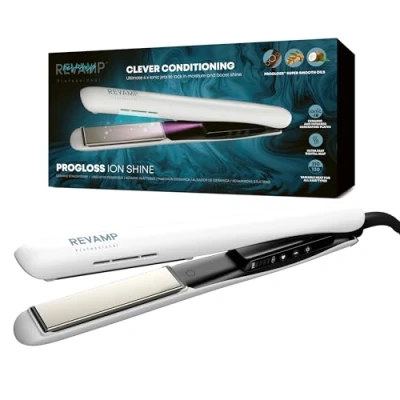 Image de REVAMP Lisseur Céramique Ion Shine Progloss, avec Technologie Ionique pour un Résultat sans Frisottis, Infusés dans Bain Progloss Kératine, Huile d’Argan et Coco, Temp Variable, Blanc