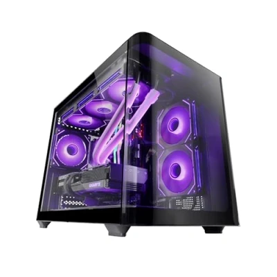 Image de MARSGAMING MC FUSIONM, Boîtier Gaming Micro ATX, Fenêtre Latérale et Façade Verre Trempé Courbé Continu, Mini Tour PC Double Chambre, Support Refroidissement Liquide, Espace Interne Optimisé, Noir