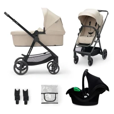 Image de Kinderkraft NEWLY 3 en 1 Poussette, Avec Siège Auto MINK PRO I Size 2 360 degrés, Poussette Canne, Trio, SYSTÈME DE VOYAGE, Landau Bébé, Accessoires, Adaptateurs, Nacelle, Jusqu’à 22 kg, Beige