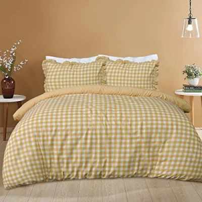 Image de Sleepdown Parure de lit avec Housse Couette et taie d&#039;oreiller à Volants Motif Vichy Jaune Moutarde Simple (135 x 200 cm)