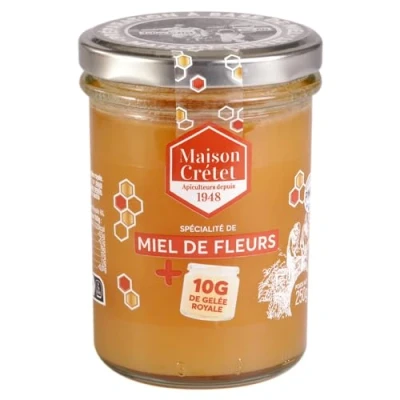 Image de Maison Crétet 1 pot de Miel fleurs et gelée royale 250g 10g dans ce verre élaboré en Charente Maritime préparation