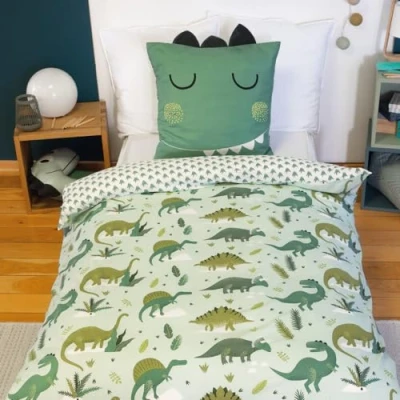 Image de CÔTE DECO Parure de lit 140x200 cm Enfant réversible Housse Couette + 1 Taie d&#039;oreiller 63x63 Motif imprimé Dinosaure Vert Set en Microfibre