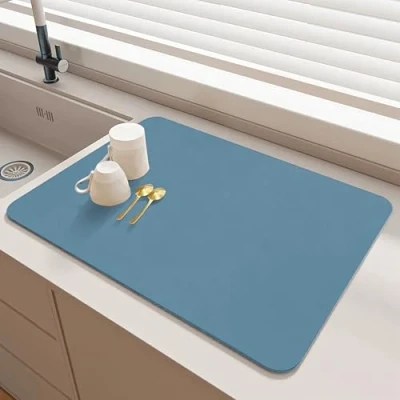 Image de SOQKEEN Tapis Egouttoir Vaisselle, 60x40 cm Absorbant Cuisine Antidérapant, égouttoir Vaisselle Absorbant, Machine a Cafe pour Bar, à Café, Bleu